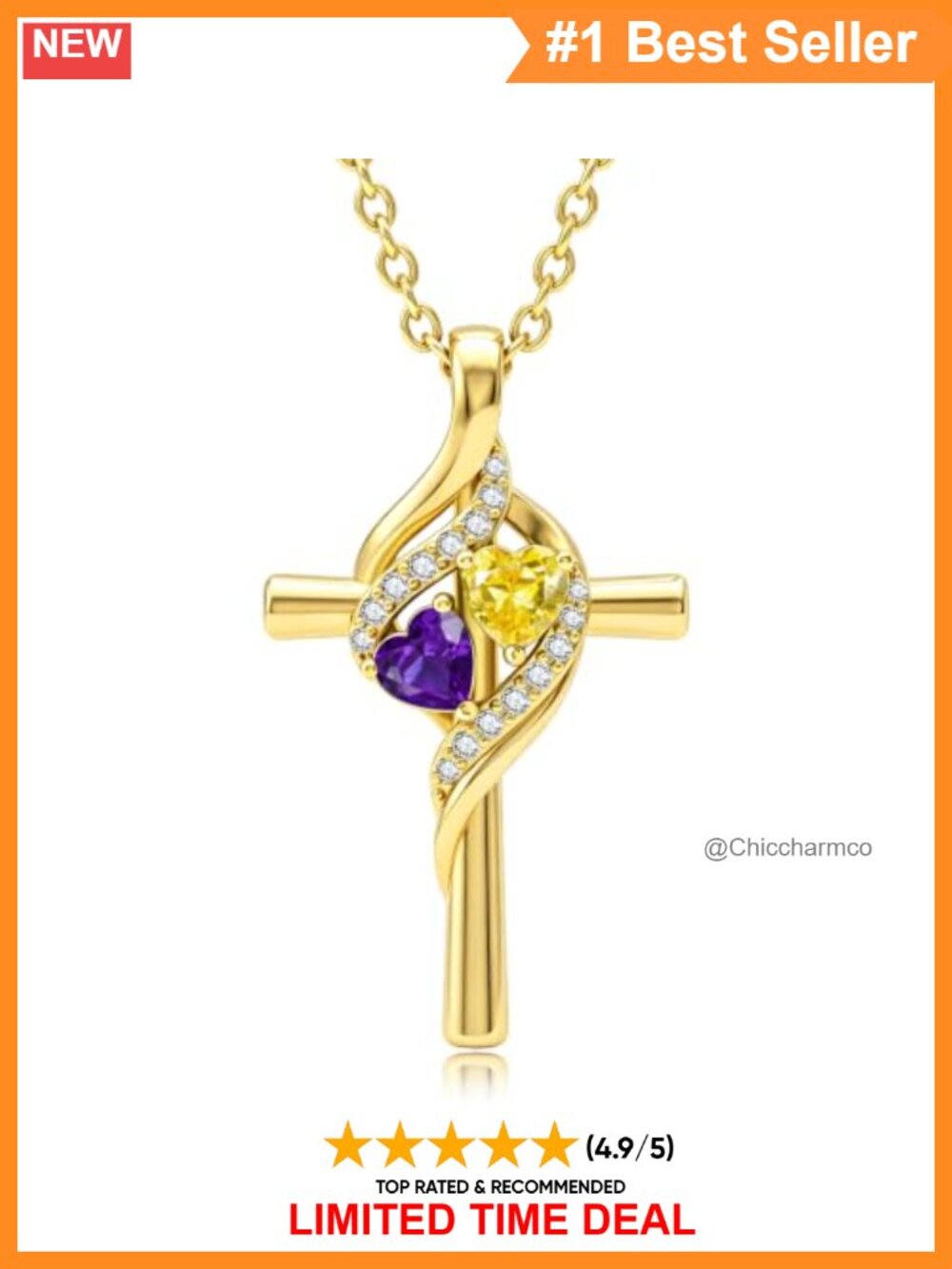 14K Gold Plated Cross Necklace Double Birthstones Pendant Women